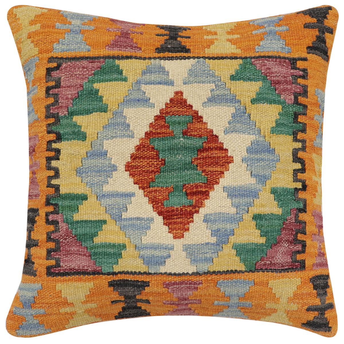handmade Traditional Pillow Rust Blue Hand-Woven SQUARE 100% WOOL Hand woven turkish pillow2' x 2'