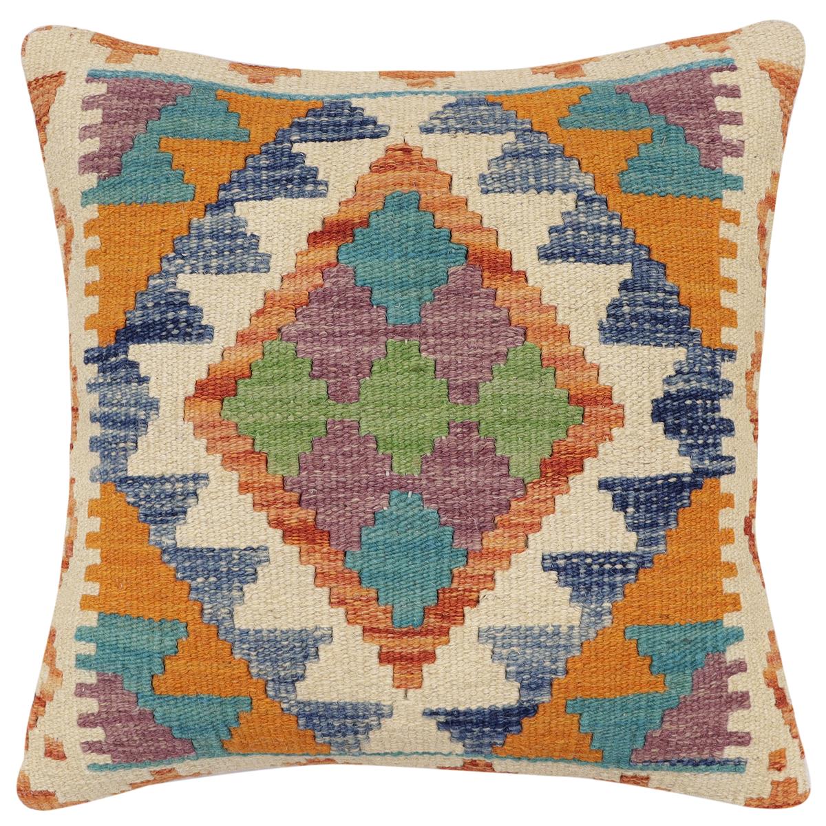 handmade Traditional Pillow Rust Blue Hand-Woven SQUARE 100% WOOL Hand woven turkish pillow2' x 2'
