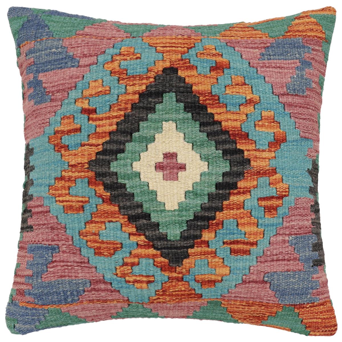 handmade Traditional Pillow Rust Blue Hand-Woven SQUARE 100% WOOL  Hand woven turkish pillow  2 x 2