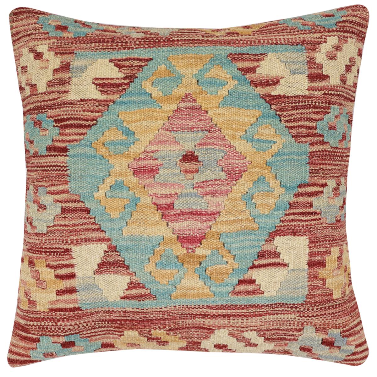 handmade Traditional Pillow Red Blue Hand-Woven SQUARE 100% WOOL Hand woven turkish pillow2 x 2