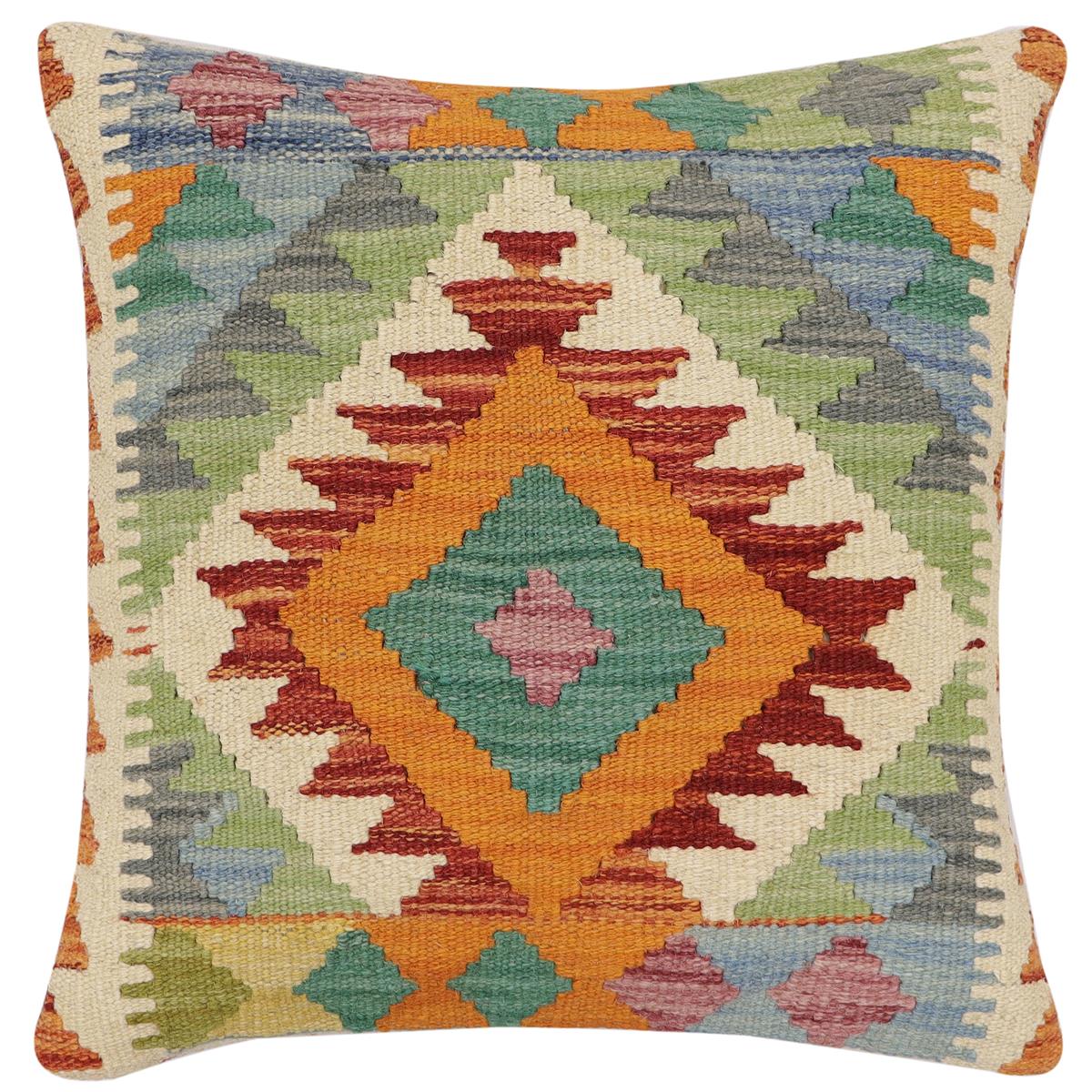 handmade Traditional Pillow Rust Blue Hand-Woven SQUARE 100% WOOL  Hand woven turkish pillow  2 x 2