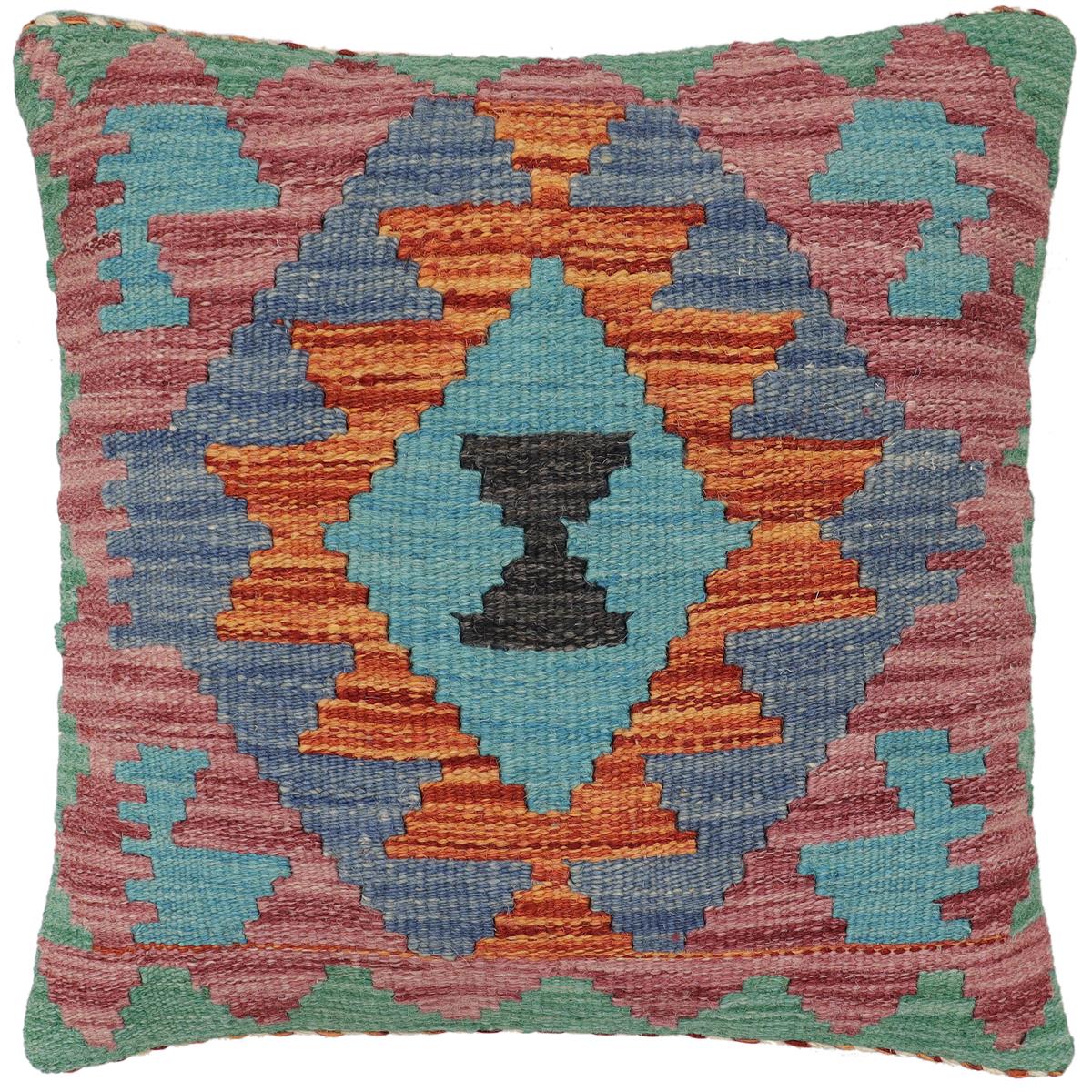 handmade Traditional Pillow Rust Blue Hand-made SQUARE 100% WOOL Hand woven turkish pillow2' x 2'