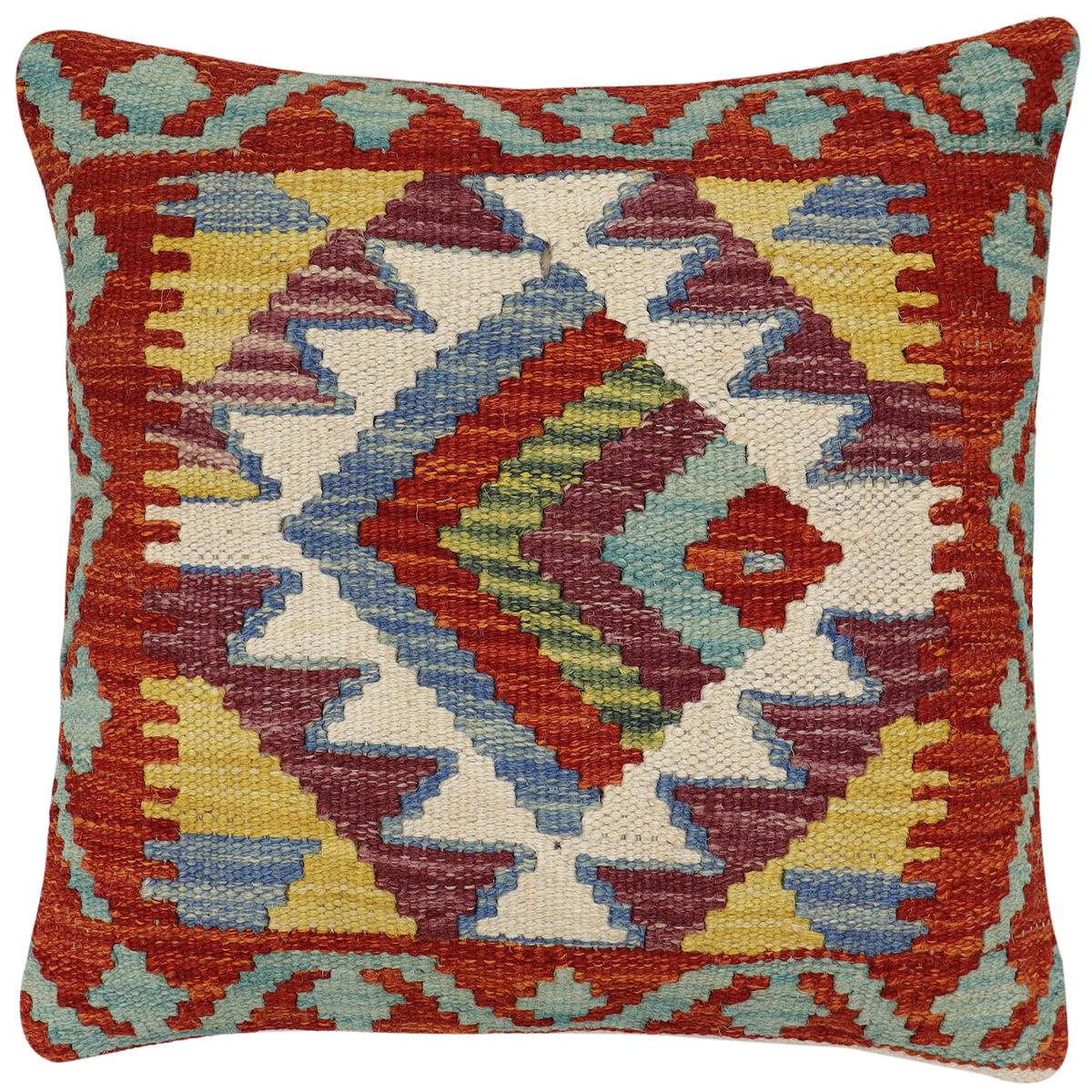 handmade Traditional Pillow Rust Blue Hand-Woven SQUARE 100% WOOL Hand woven turkish pillow2' x 2'