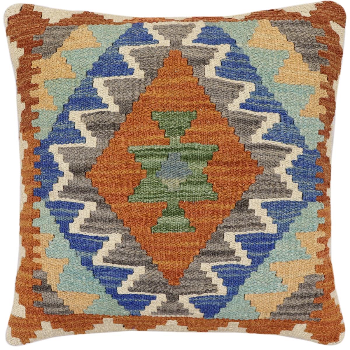 handmade Traditional Pillow Rust Blue Hand-Woven SQUARE 100% WOOL  Hand woven turkish pillow  2 x 2