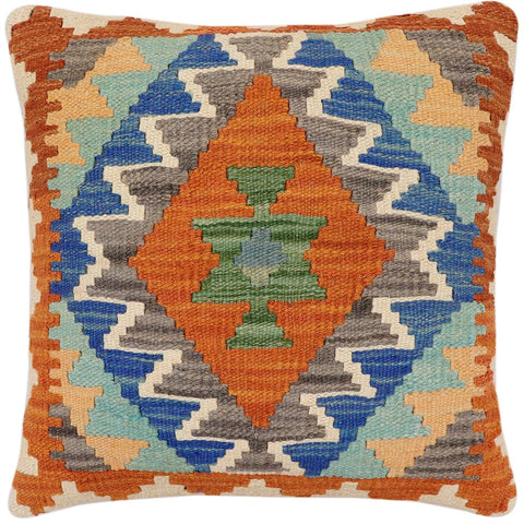 handmade Traditional Pillow Rust Blue Hand-Woven SQUARE 100% WOOL  Hand woven turkish pillow  2 x 2