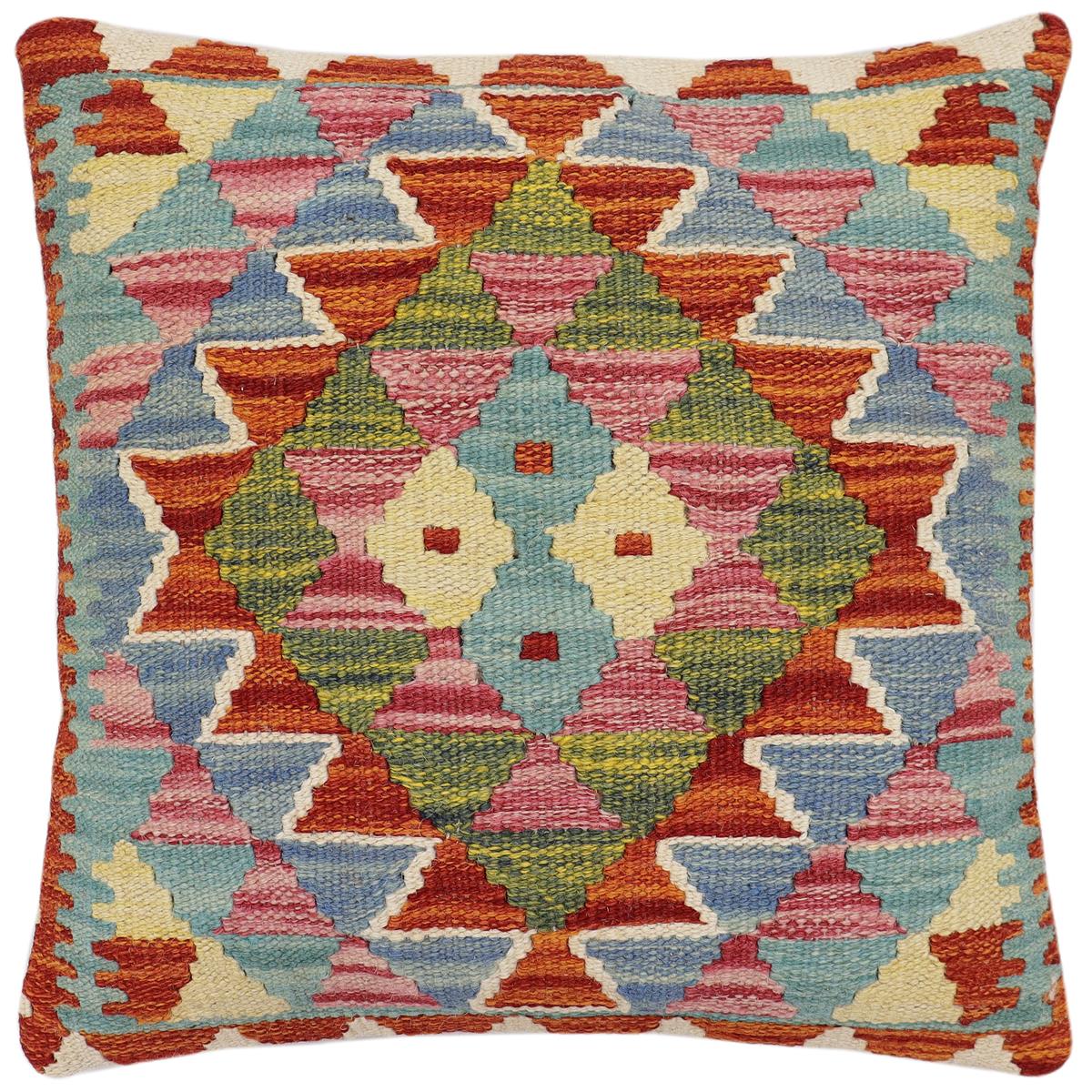 handmade Traditional Pillow Rust Blue Hand-Woven SQUARE 100% WOOL Hand woven turkish pillow2' x 2'