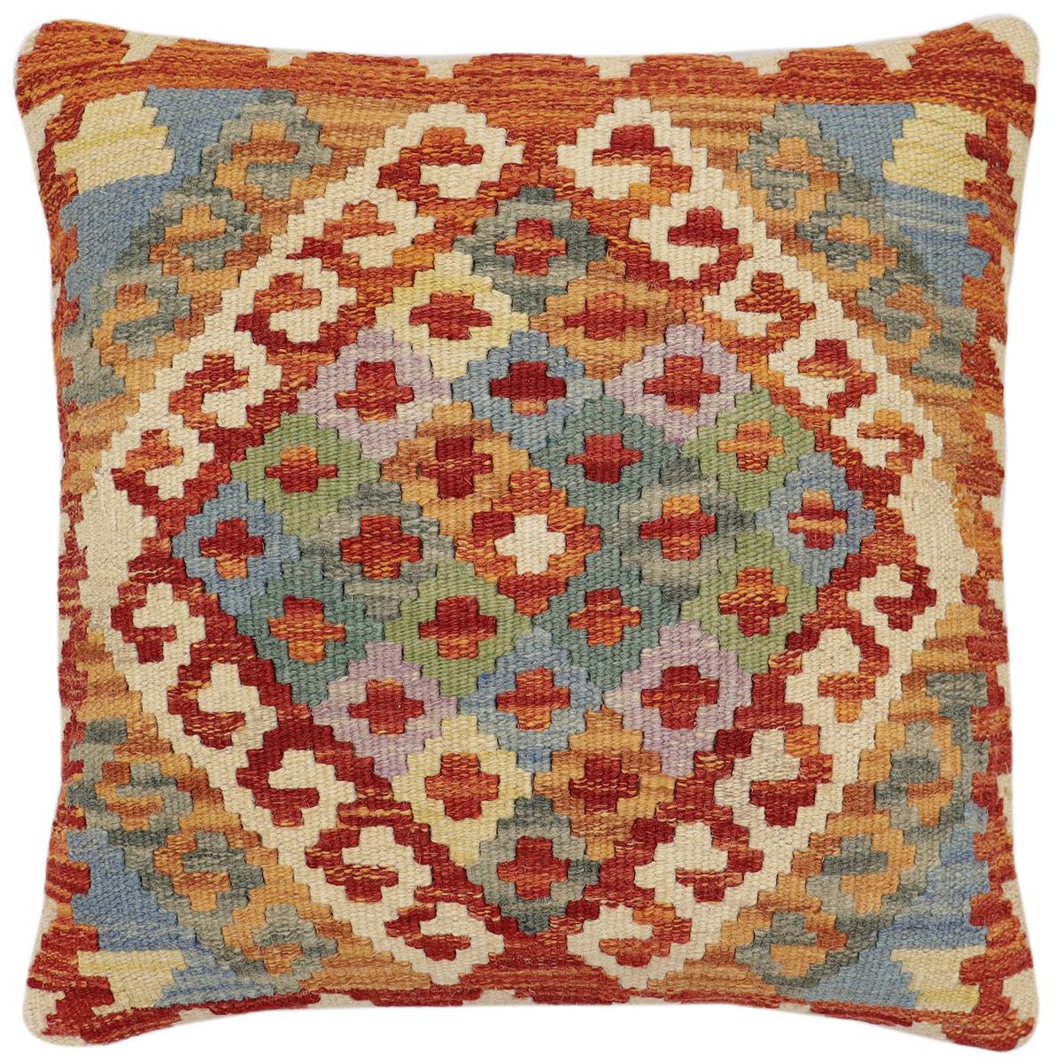handmade Traditional Pillow Rust Blue Hand-Woven SQUARE 100% WOOL Hand woven turkish pillow2' x 2'