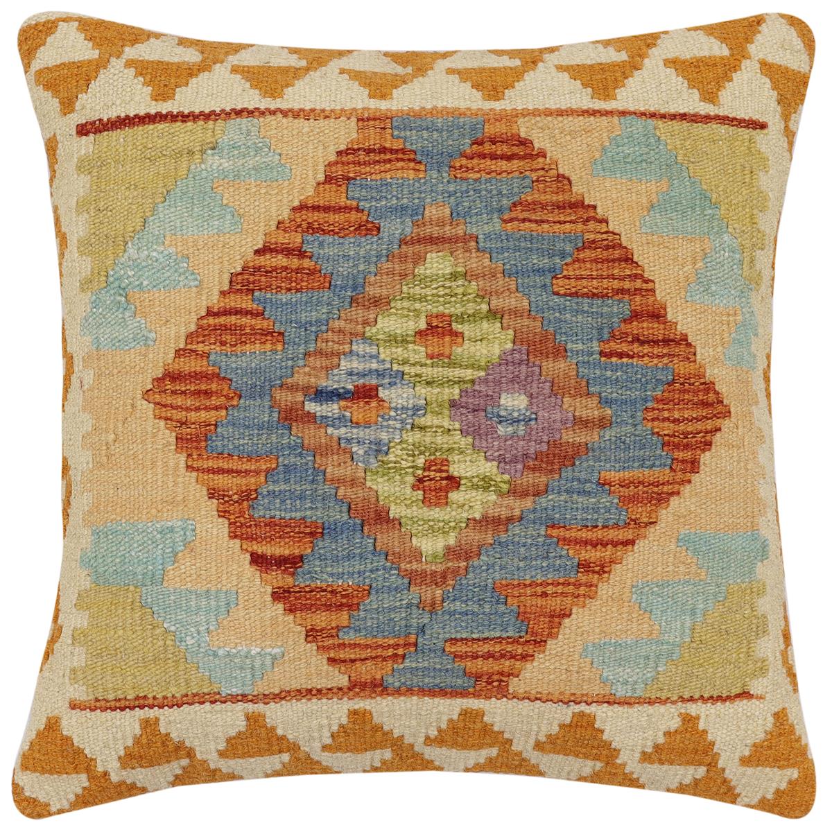 handmade Traditional Pillow Rust Blue Hand-Woven SQUARE 100% WOOL  Hand woven turkish pillow  2 x 2