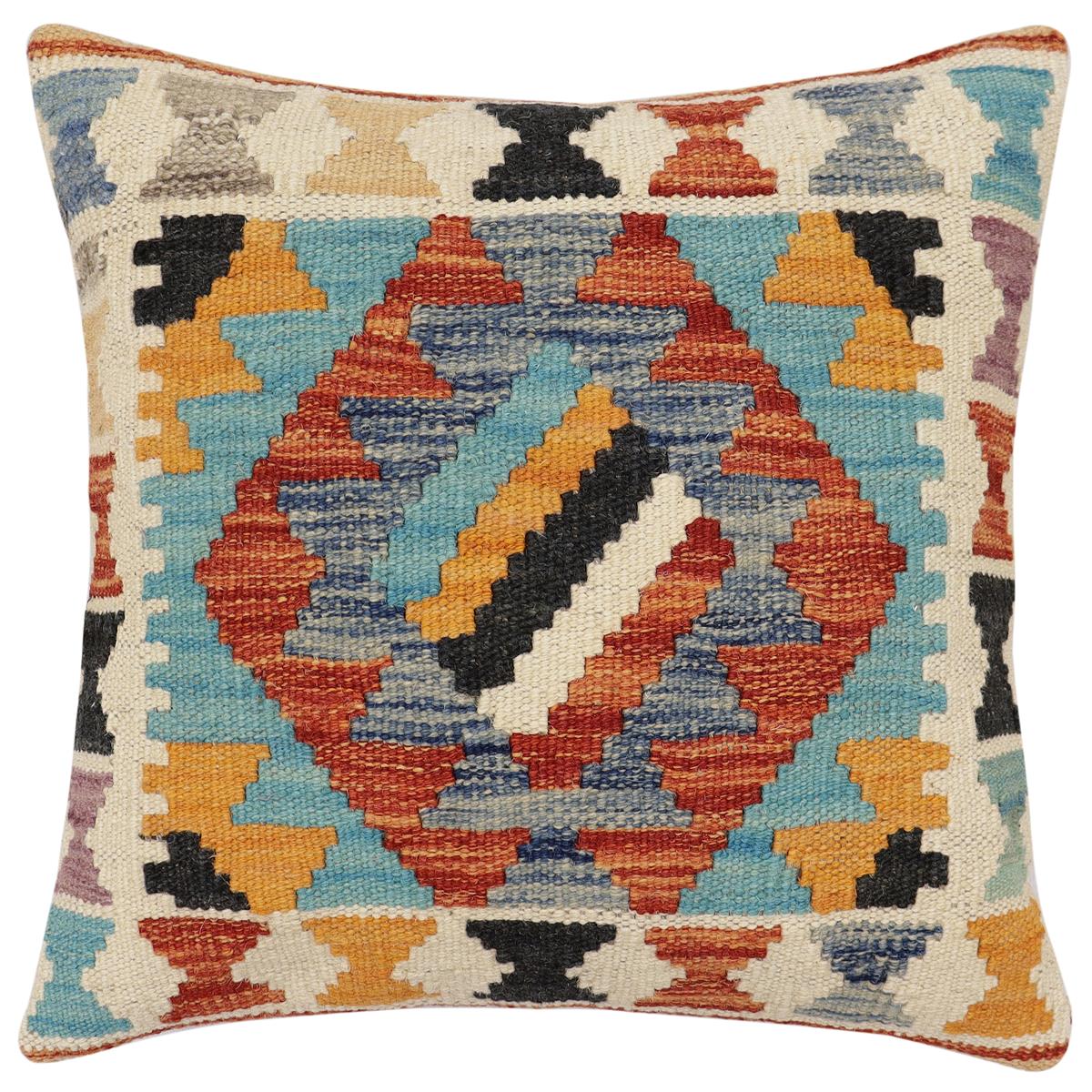 handmade Traditional Pillow Rust Blue Hand-Woven SQUARE 100% WOOL  Hand woven turkish pillow  2 x 2