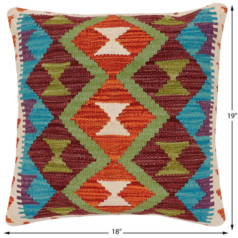 handmade Traditional Pillow Rust Blue Hand-Woven SQUARE 100% WOOL  Hand woven turkish pillow  2 x 2