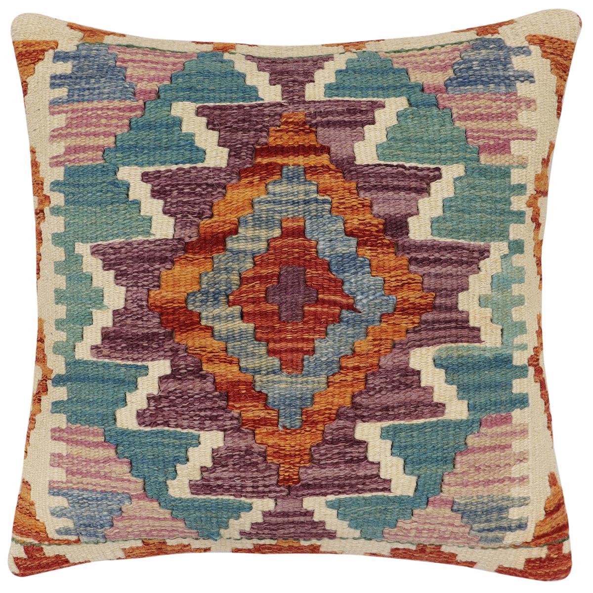 handmade Traditional Pillow Rust Blue Hand-Woven SQUARE 100% WOOL Hand woven turkish pillow2' x 2'