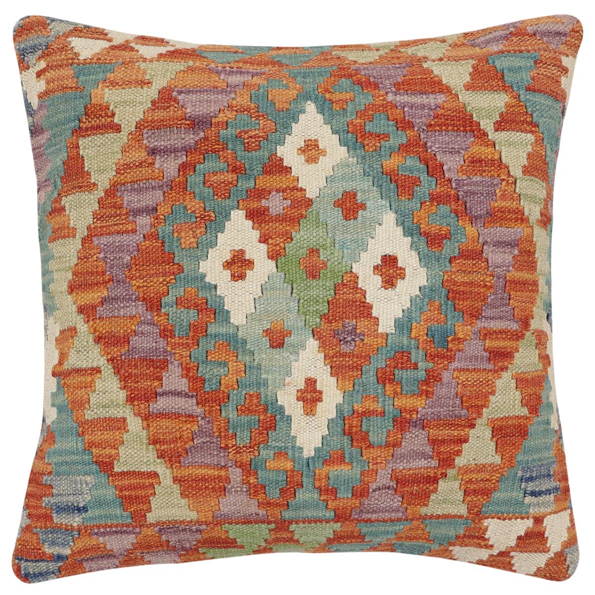 handmade Traditional Pillow Rust Blue Hand-Woven SQUARE 100% WOOL  Hand woven turkish pillow  2 x 2