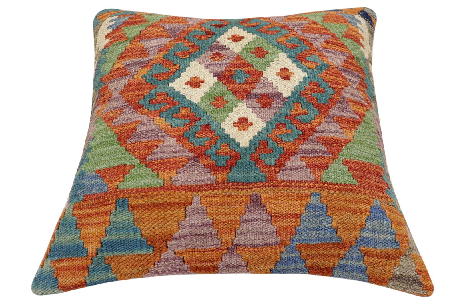 handmade Traditional Pillow Rust Blue Hand-Woven SQUARE 100% WOOL Hand woven turkish pillow2' x 2'