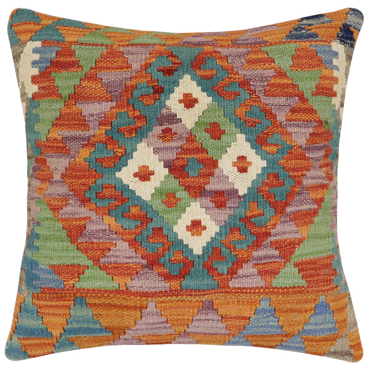 handmade Traditional Pillow Rust Blue Hand-Woven SQUARE 100% WOOL Hand woven turkish pillow2' x 2'