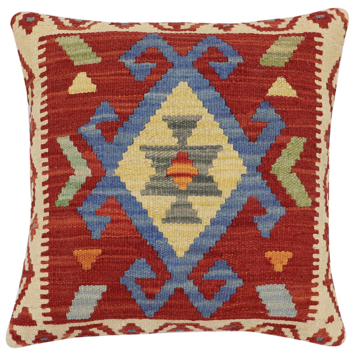 handmade Traditional Pillow Rust Blue Hand-Woven SQUARE 100% WOOL Hand woven turkish pillow2' x 2'