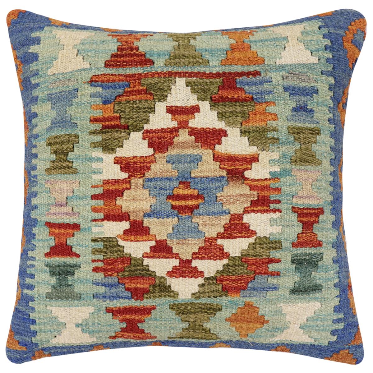 handmade Traditional Pillow Rust Blue Hand-Woven SQUARE 100% WOOL Hand woven turkish pillow2' x 2'