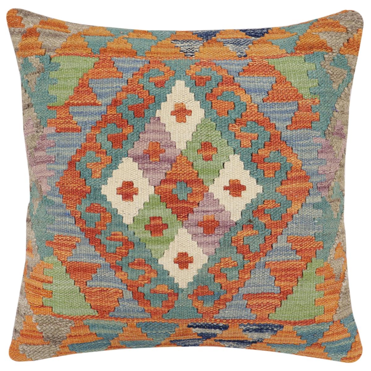 handmade Traditional Pillow Rust Blue Hand-Woven SQUARE 100% WOOL Hand woven turkish pillow2' x 2'