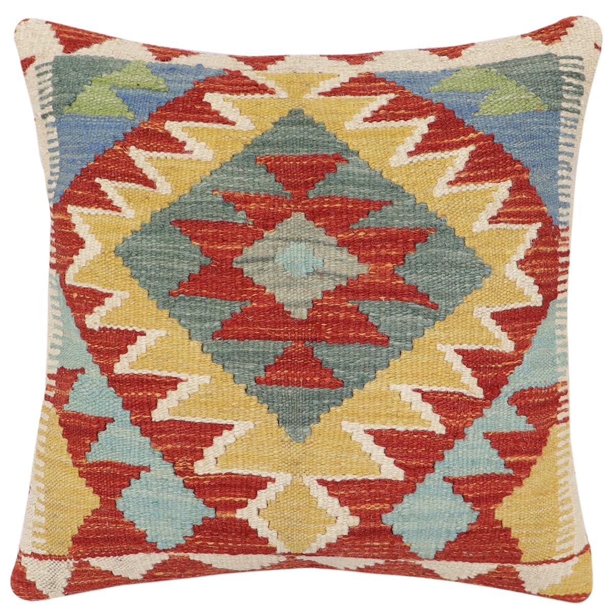 handmade Traditional Pillow Rust Blue Hand-Woven SQUARE 100% WOOL Hand woven turkish pillow2' x 2'