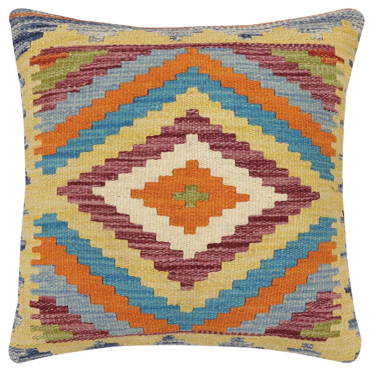handmade Traditional Pillow Rust Blue Hand-Woven SQUARE 100% WOOL Hand woven turkish pillow2' x 2'