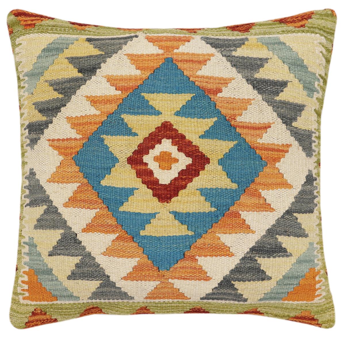 handmade Traditional Pillow Rust Blue Hand-Woven SQUARE 100% WOOL Hand woven turkish pillow2' x 2'