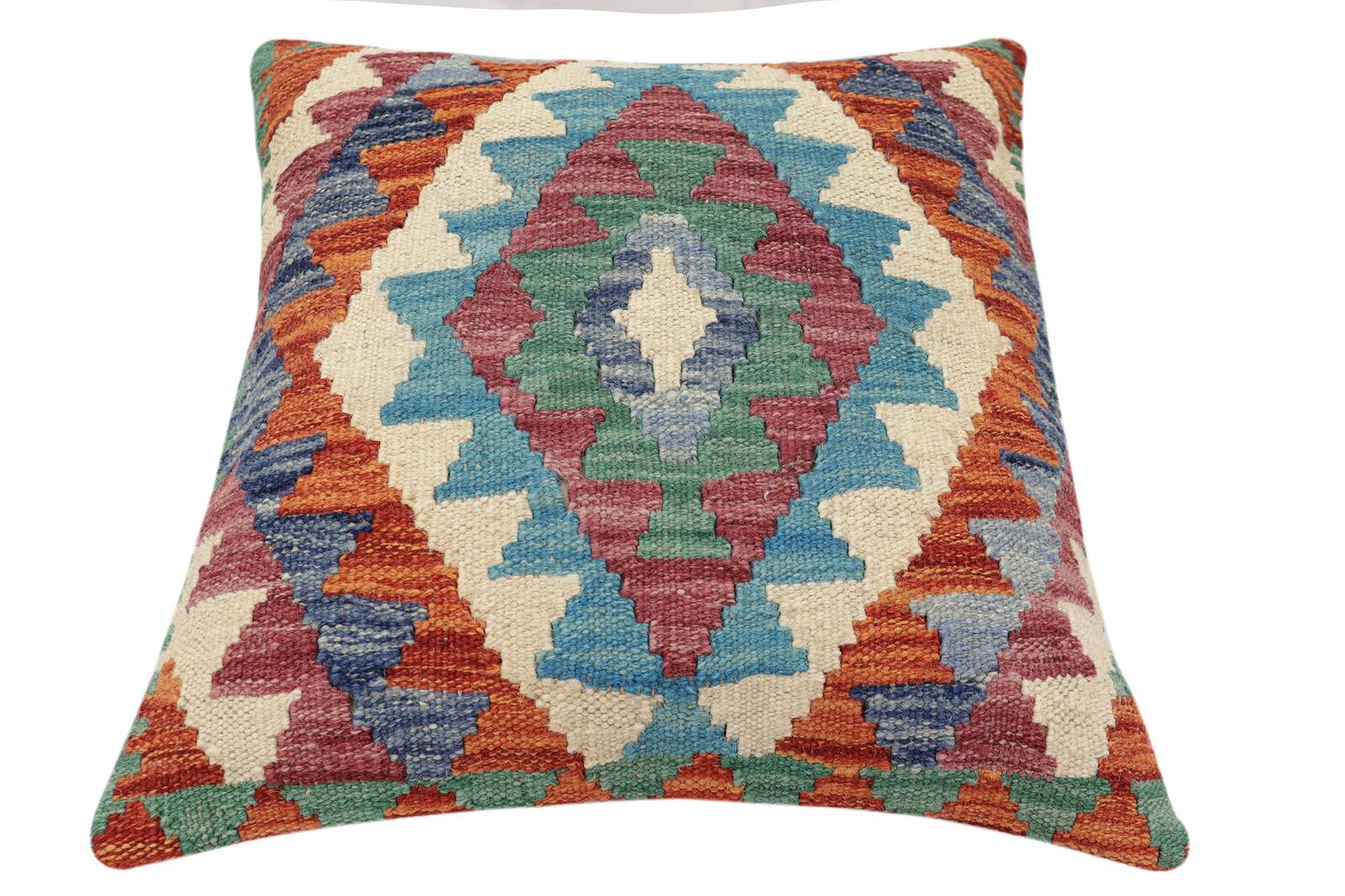 handmade Traditional Pillow Rust Blue Hand-Woven SQUARE 100% WOOL Hand woven turkish pillow2' x 2'