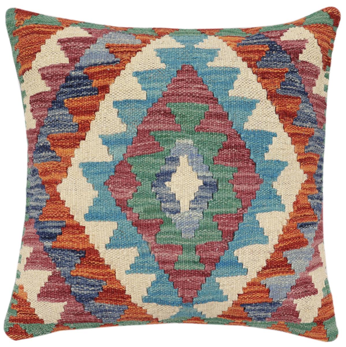 handmade Traditional Pillow Rust Blue Hand-Woven SQUARE 100% WOOL Hand woven turkish pillow2' x 2'
