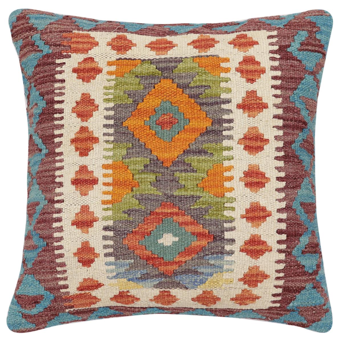 handmade Traditional Pillow Rust Blue Hand-Woven SQUARE 100% WOOL Hand woven turkish pillow2' x 2'