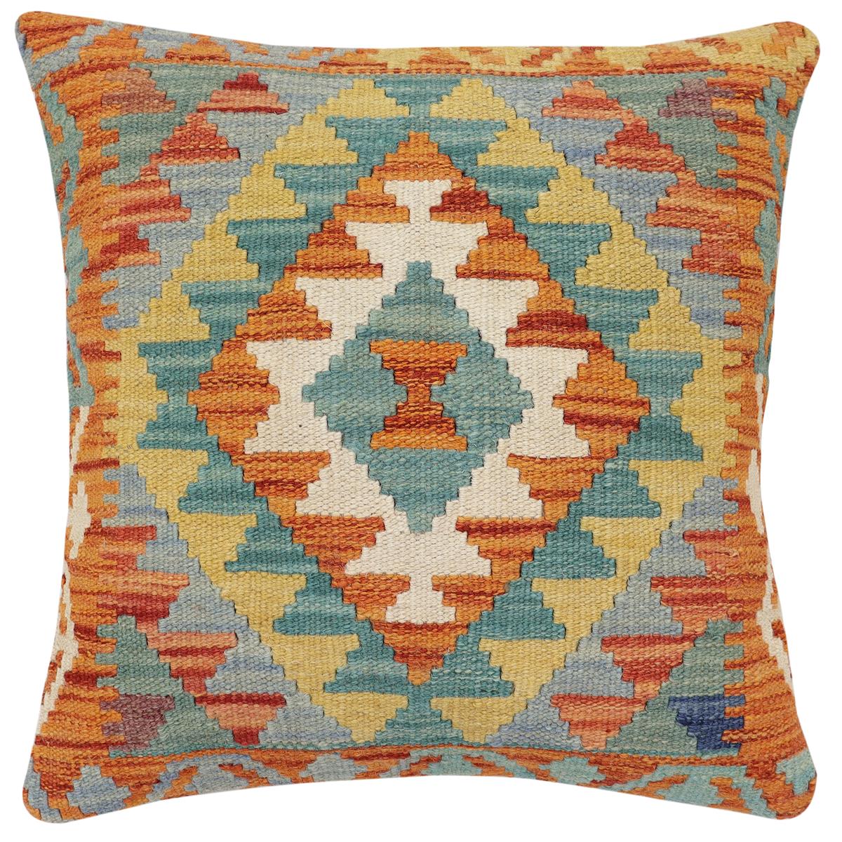 handmade Traditional Pillow Rust Blue Hand-Woven SQUARE 100% WOOL  Hand woven turkish pillow  2 x 2