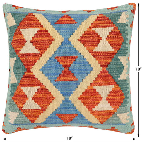 handmade Traditional Pillow Rust Blue Hand-Woven SQUARE 100% WOOL Hand woven turkish pillow2 x 2