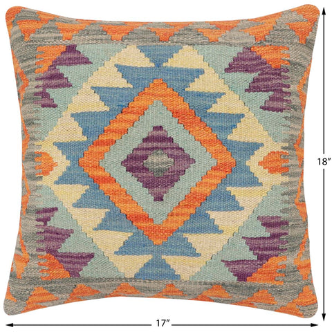 handmade Traditional Pillow Rust Blue Hand-Woven SQUARE 100% WOOL  Hand woven turkish pillow  2 x 2