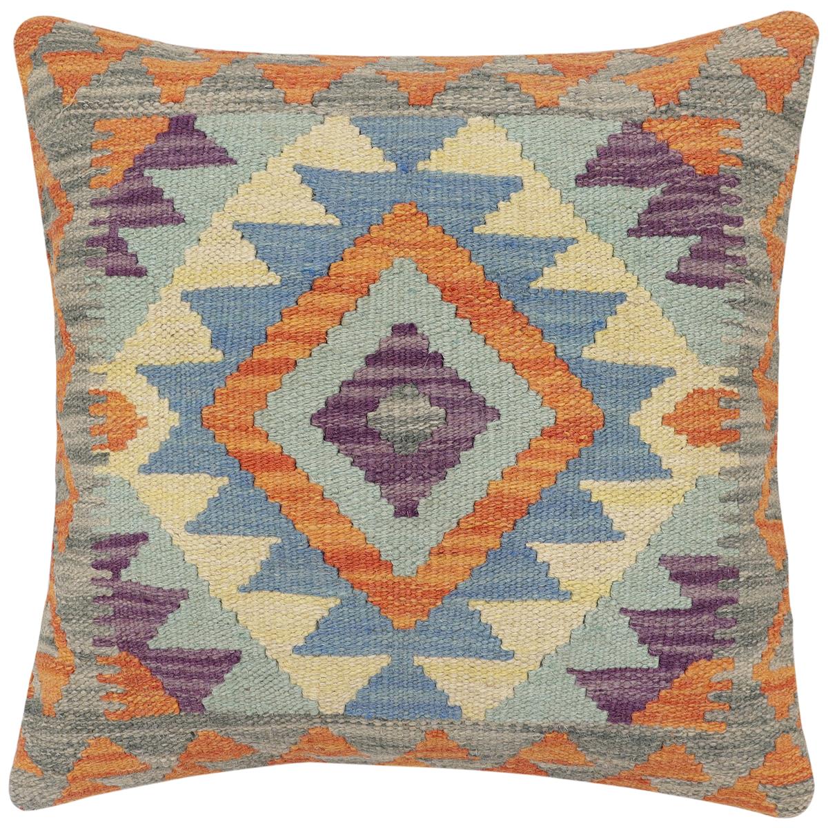 handmade Traditional Pillow Rust Blue Hand-Woven SQUARE 100% WOOL  Hand woven turkish pillow  2 x 2