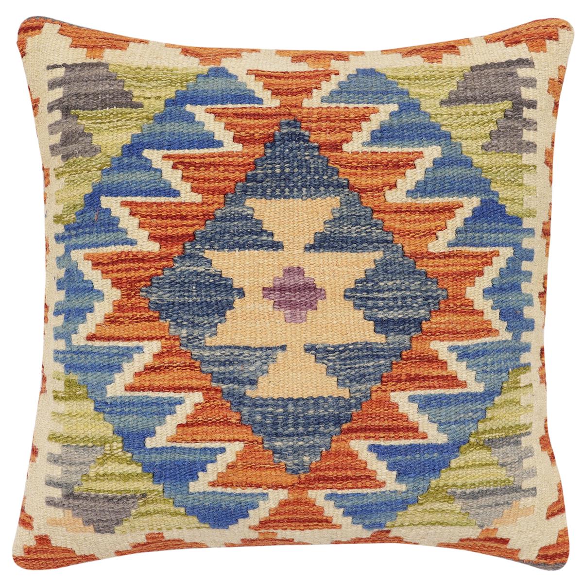 handmade Traditional Pillow Rust Blue Hand-Woven SQUARE 100% WOOL Hand woven turkish pillow2' x 2'