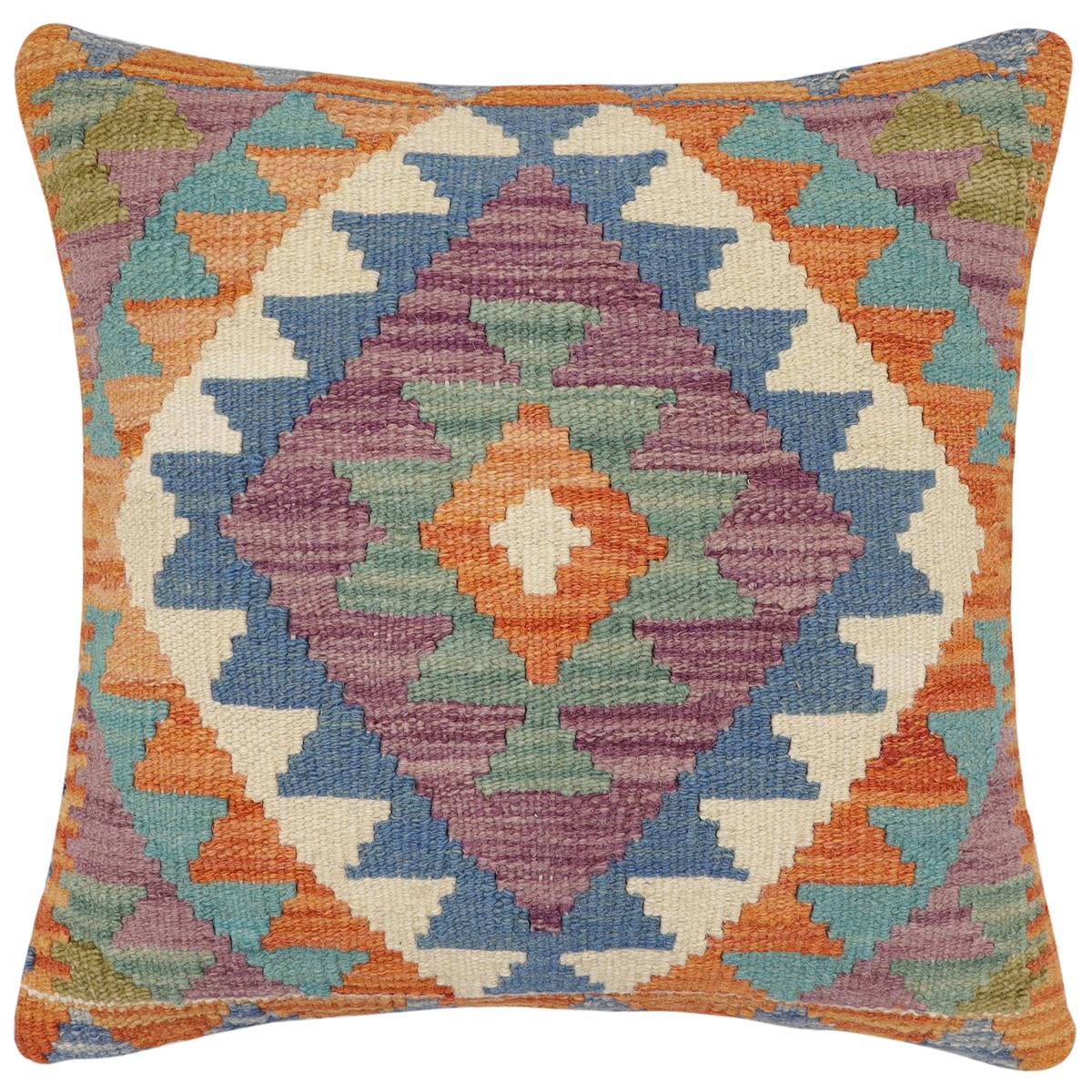 handmade Traditional Pillow Rust Blue Hand-Woven SQUARE 100% WOOL  Hand woven turkish pillow  2 x 2