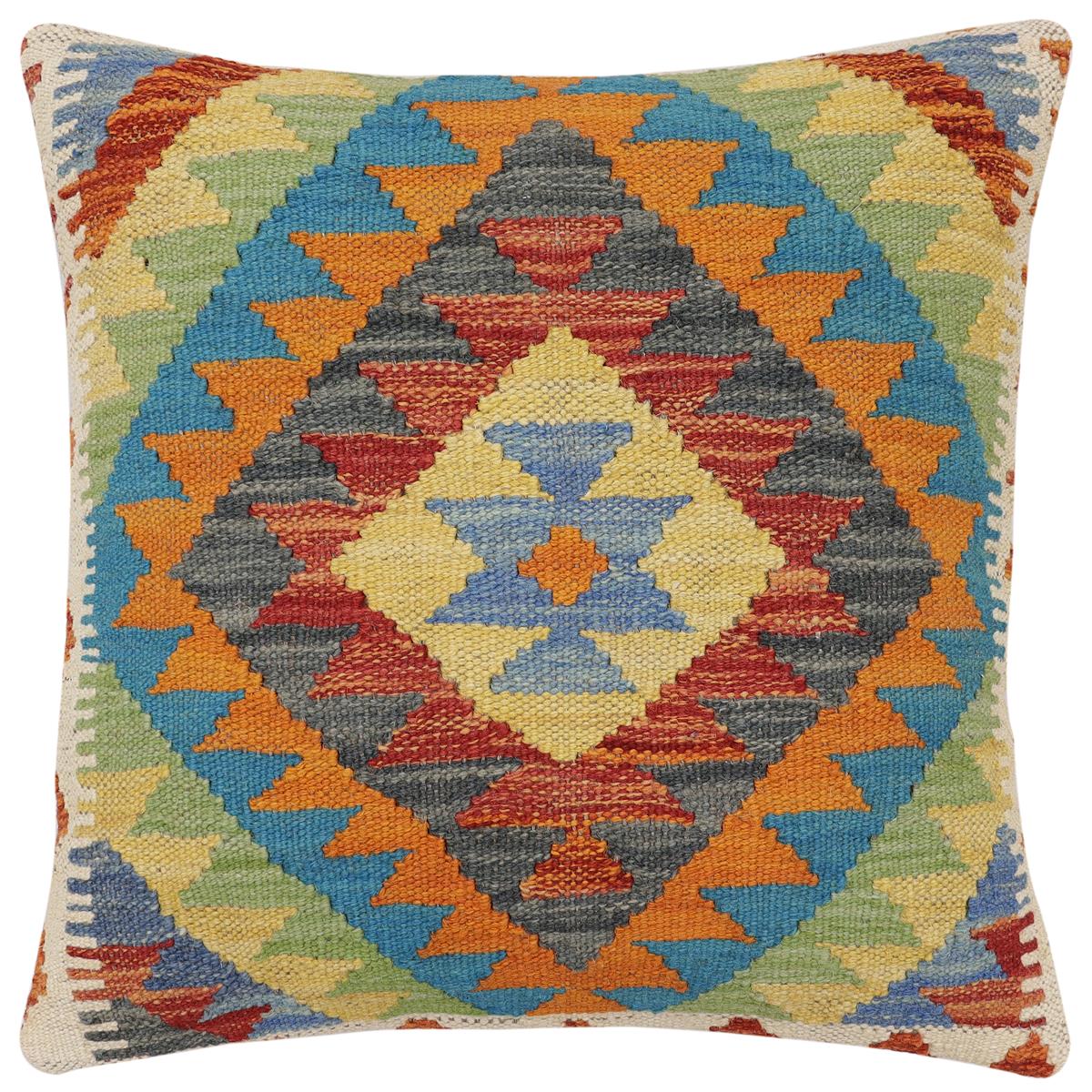 handmade Traditional Pillow Rust Blue Hand-Woven SQUARE 100% WOOL Hand woven turkish pillow2' x 2'