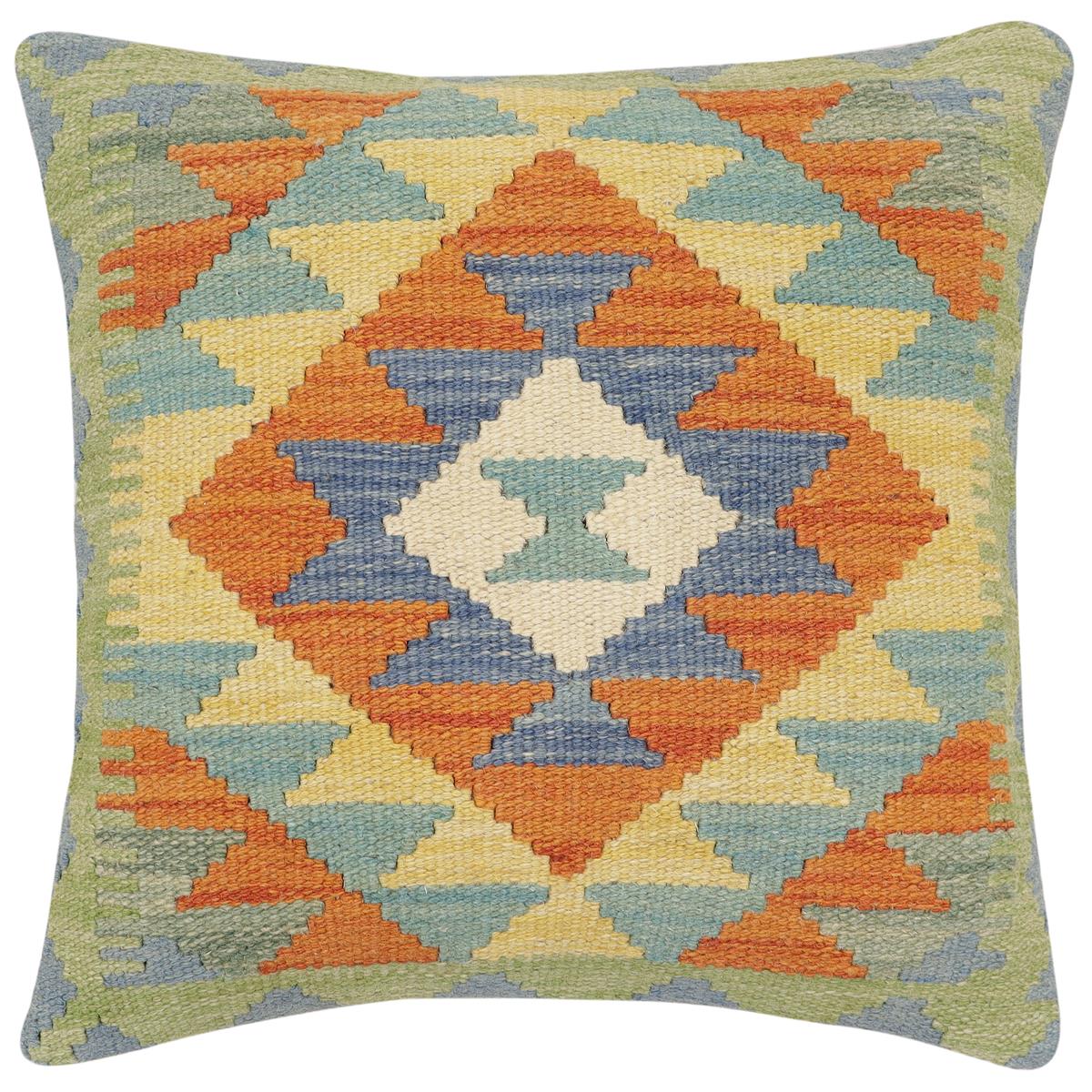 handmade Traditional Pillow Rust Blue Hand-Woven SQUARE 100% WOOL Hand woven turkish pillow2' x 2'