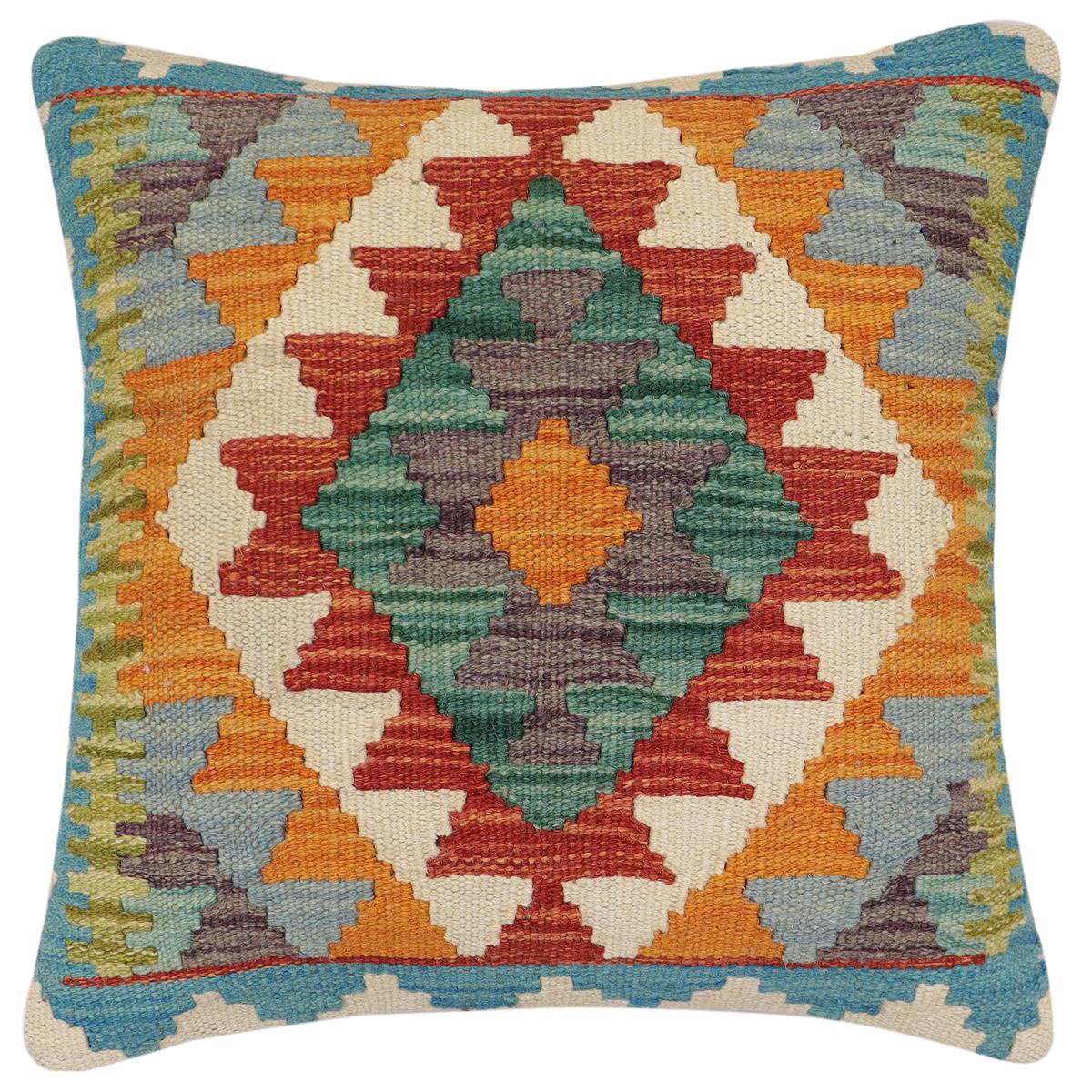 handmade Traditional Pillow Rust Blue Hand-Woven SQUARE 100% WOOL  Hand woven turkish pillow  2 x 2