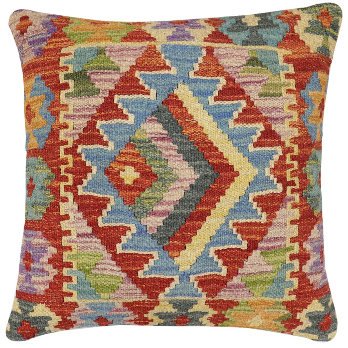 handmade Traditional Pillow Rust Blue Hand-Woven SQUARE 100% WOOL Hand woven turkish pillow2' x 2'
