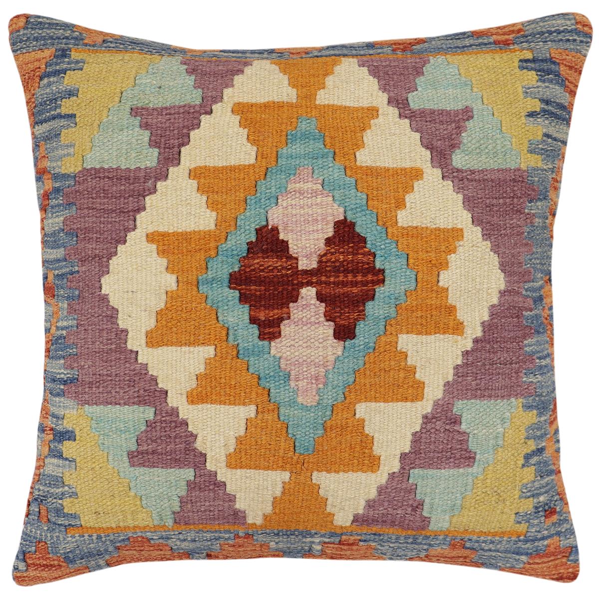 handmade Traditional Pillow Rust Blue Hand-Woven SQUARE 100% WOOL Hand woven turkish pillow2' x 2'