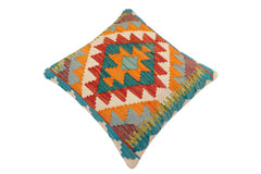 handmade Traditional Pillow Rust Blue Hand-Woven SQUARE 100% WOOL Hand woven turkish pillow2' x 2'