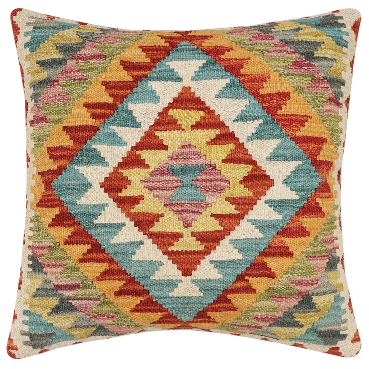 handmade Traditional Pillow Rust Blue Hand-Woven SQUARE 100% WOOL Hand woven turkish pillow2' x 2'