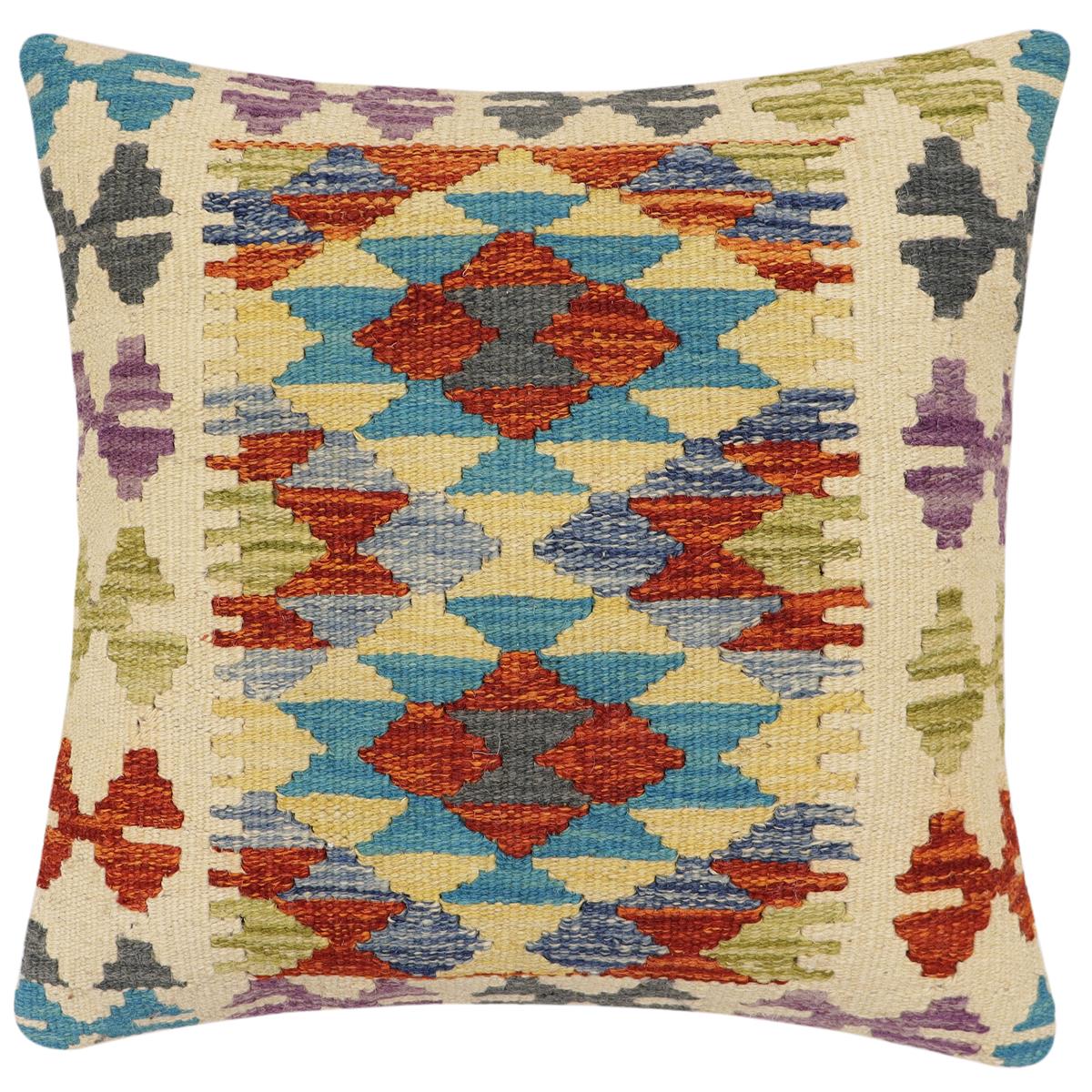 handmade Traditional Pillow Rust Blue Hand-Woven SQUARE 100% WOOL Hand woven turkish pillow2' x 2'