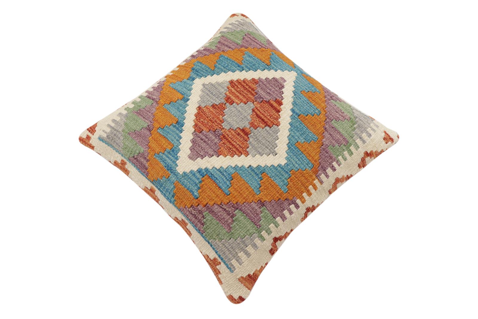 handmade Traditional Pillow Rust Blue Hand-Woven SQUARE 100% WOOL Hand woven turkish pillow2' x 2'