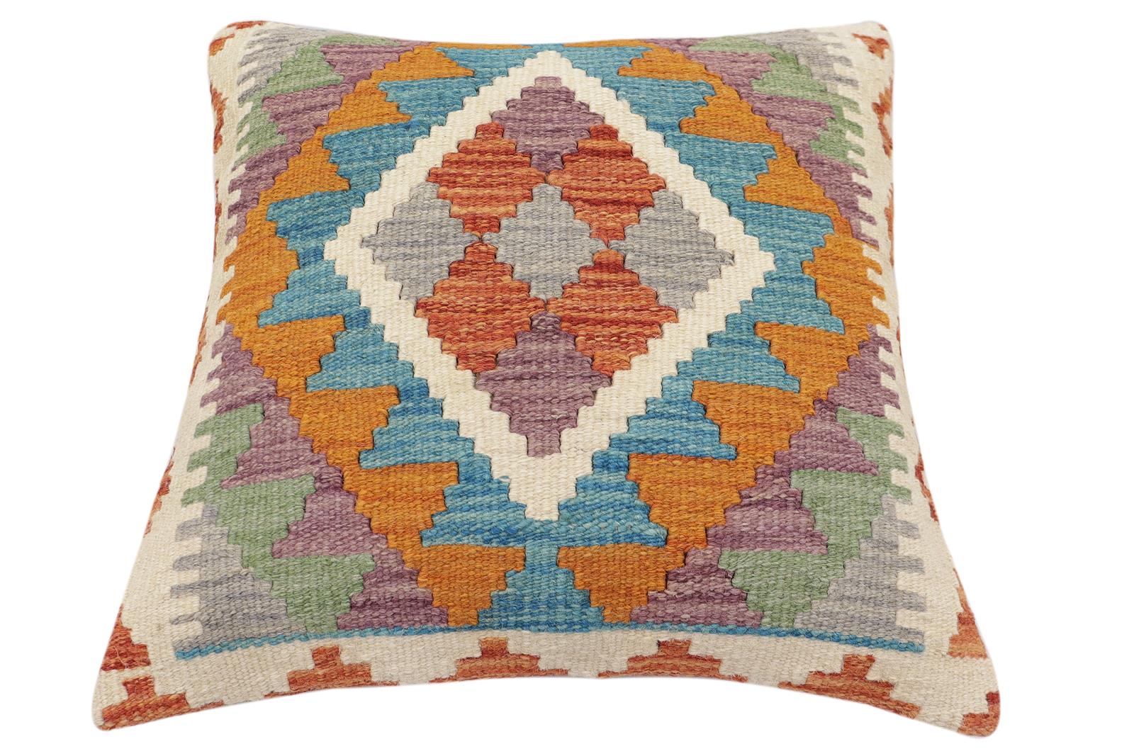 handmade Traditional Pillow Rust Blue Hand-Woven SQUARE 100% WOOL Hand woven turkish pillow2' x 2'