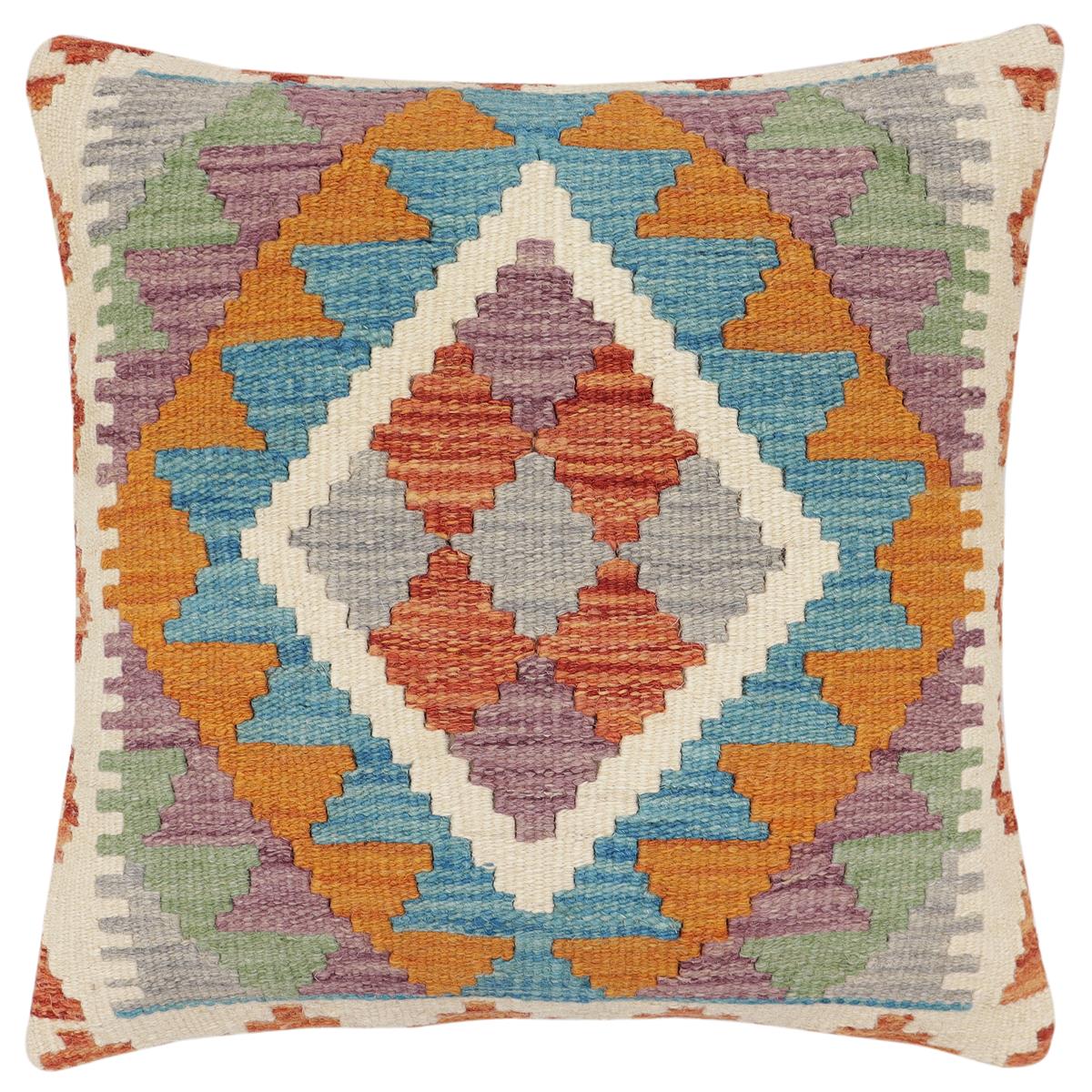 handmade Traditional Pillow Rust Blue Hand-Woven SQUARE 100% WOOL Hand woven turkish pillow2' x 2'
