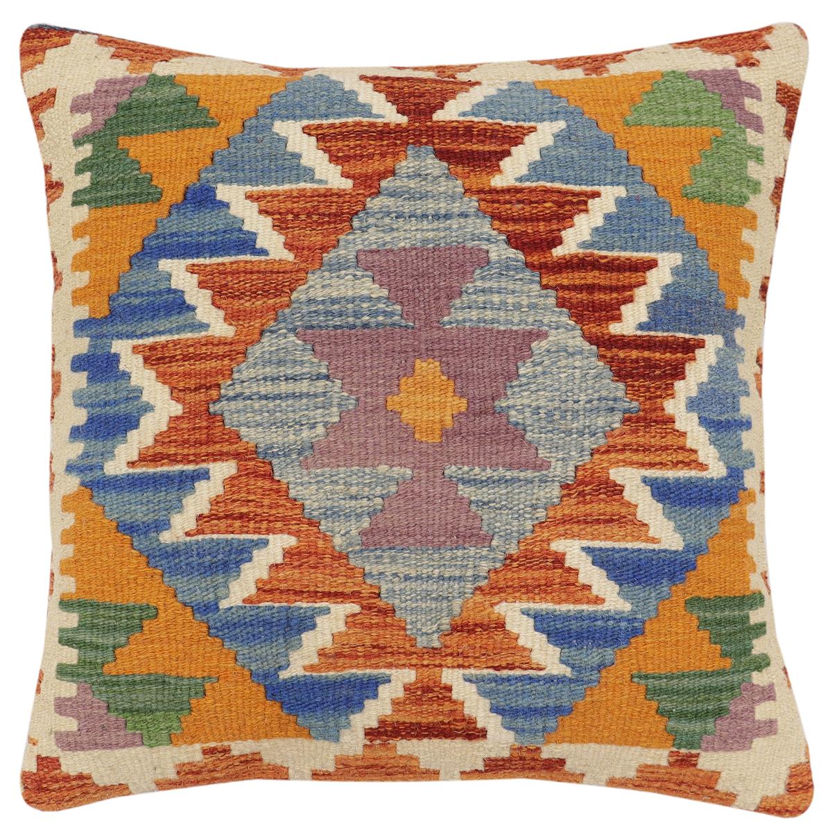 handmade Traditional Pillow Rust Blue Hand-Woven SQUARE 100% WOOL Hand woven turkish pillow2' x 2'