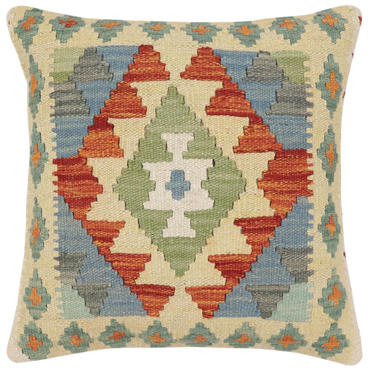 handmade Traditional Pillow Rust Blue Hand-Woven SQUARE 100% WOOL Hand woven turkish pillow2' x 2'