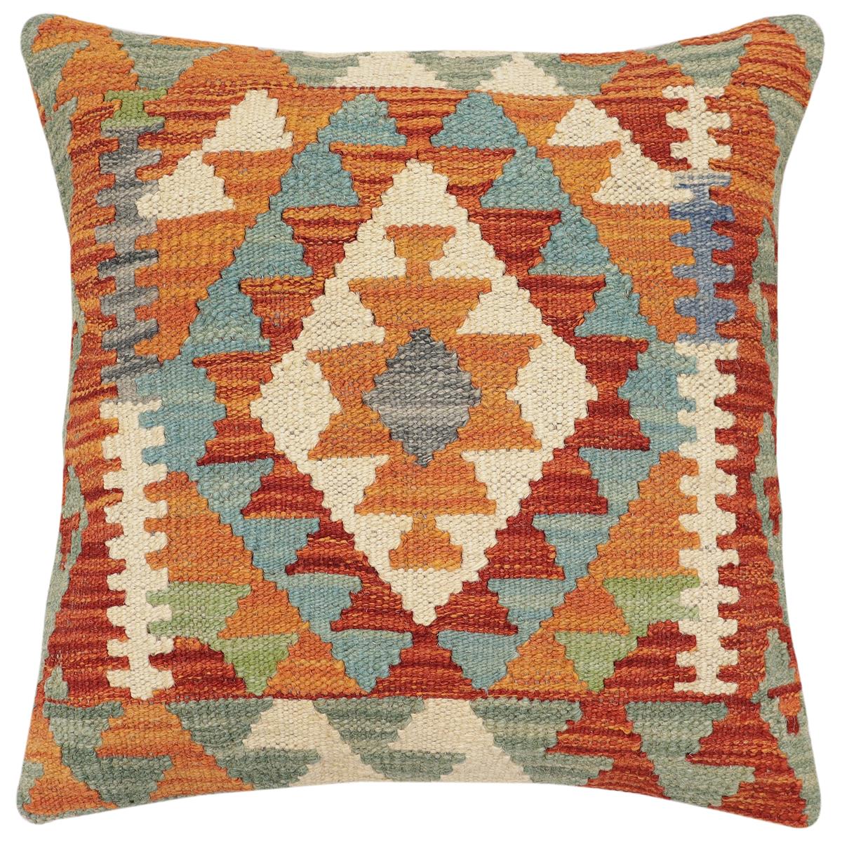 handmade Traditional Pillow Rust Blue Hand-Woven SQUARE 100% WOOL Hand woven turkish pillow2' x 2'