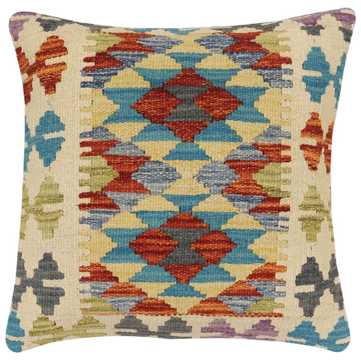 handmade Traditional Pillow Rust Blue Hand-Woven SQUARE 100% WOOL Hand woven turkish pillow2' x 2'