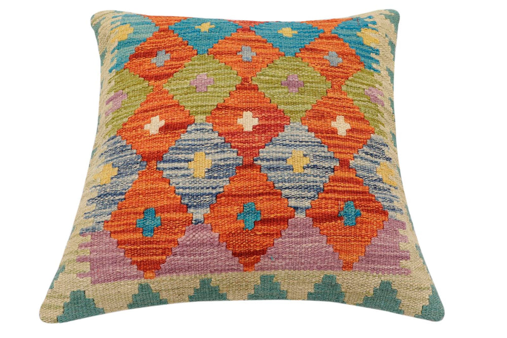 handmade Traditional Pillow Rust Blue Hand-Woven SQUARE 100% WOOL Hand woven turkish pillow2' x 2'