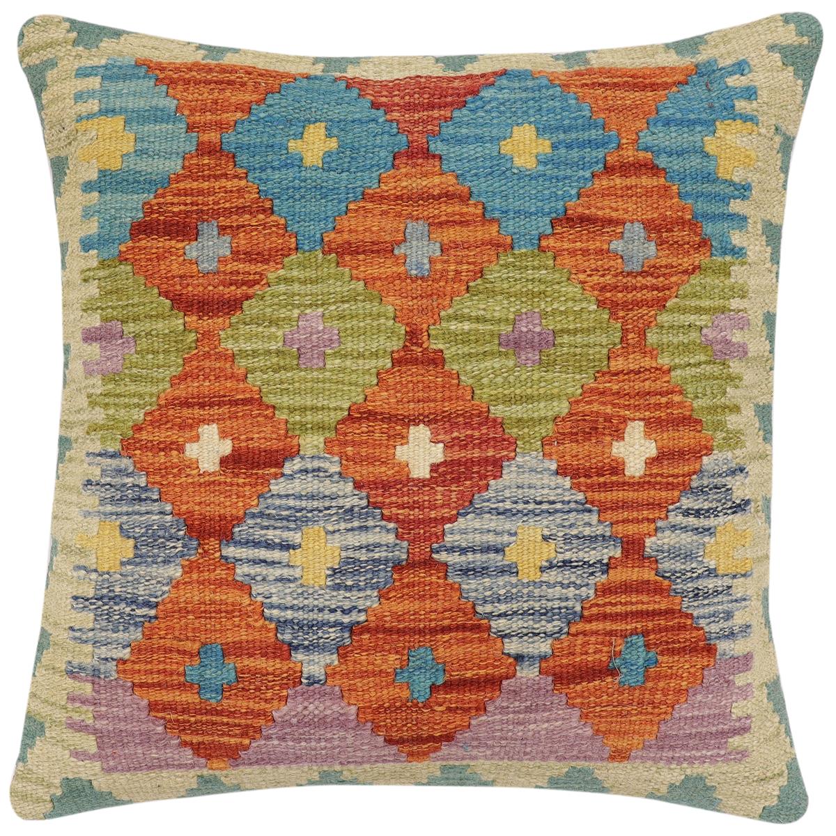 handmade Traditional Pillow Rust Blue Hand-Woven SQUARE 100% WOOL Hand woven turkish pillow2' x 2'